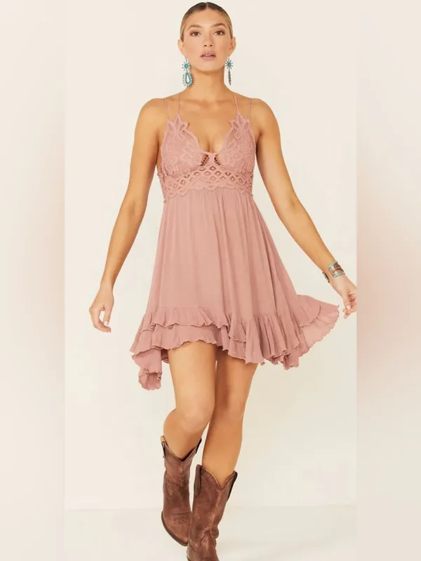 NWT Free People Adella Slip Lace short Dress Plunging Neckline Pink Rose ~ Small - Image 2