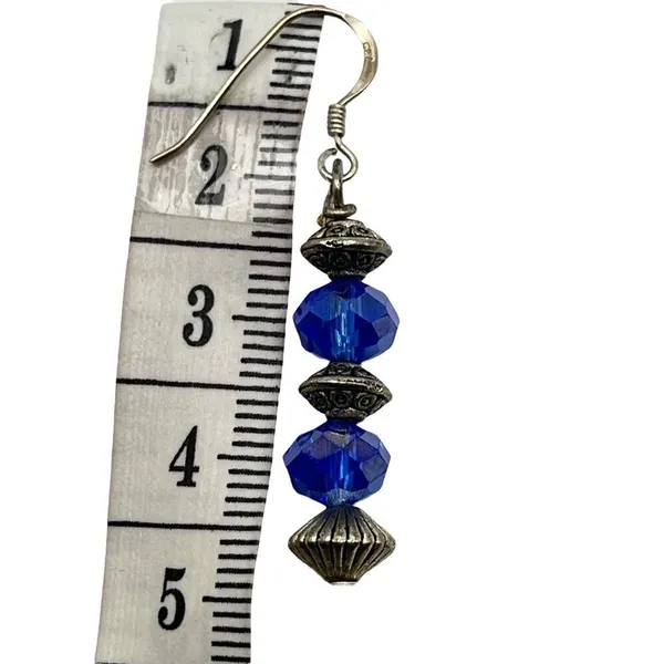 Handmade 925 Sterling‎ Silver Hook Bead Drop Earrings Blue Saphire Glass Crystal - Image 5