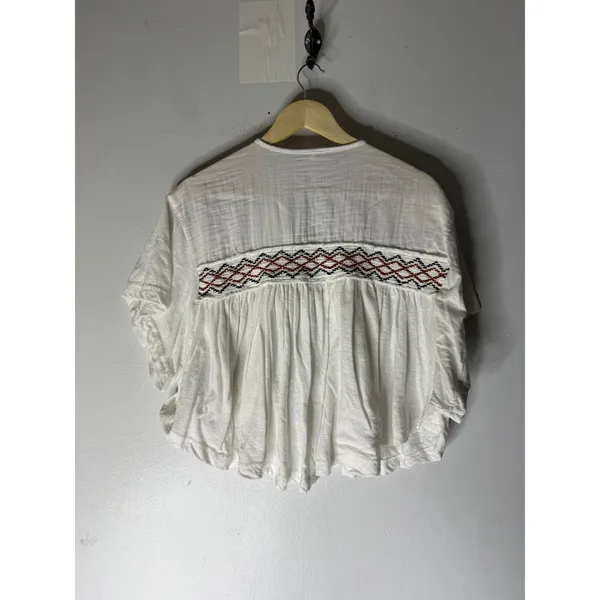Free People White Embroidered Boho Peasant‎ Tunic Top Tassel small - Image 2