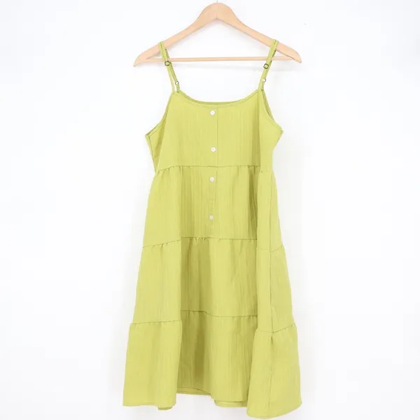 Lime Green Tiered Mini Sundress Adjustable Straps Striped Button Front Large - Image 2