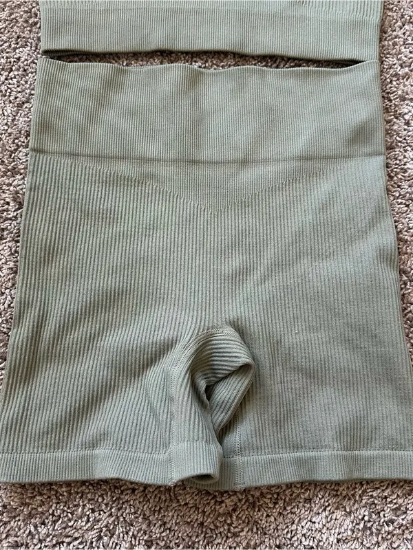 Ribbed High-Waist Athletic Shorts and Crop Tank in Sage Green - Image 3