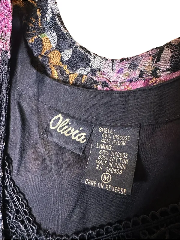 Olivia Floral Black Lace Slip Midi Dress Size M 90s Vintage - Image 7