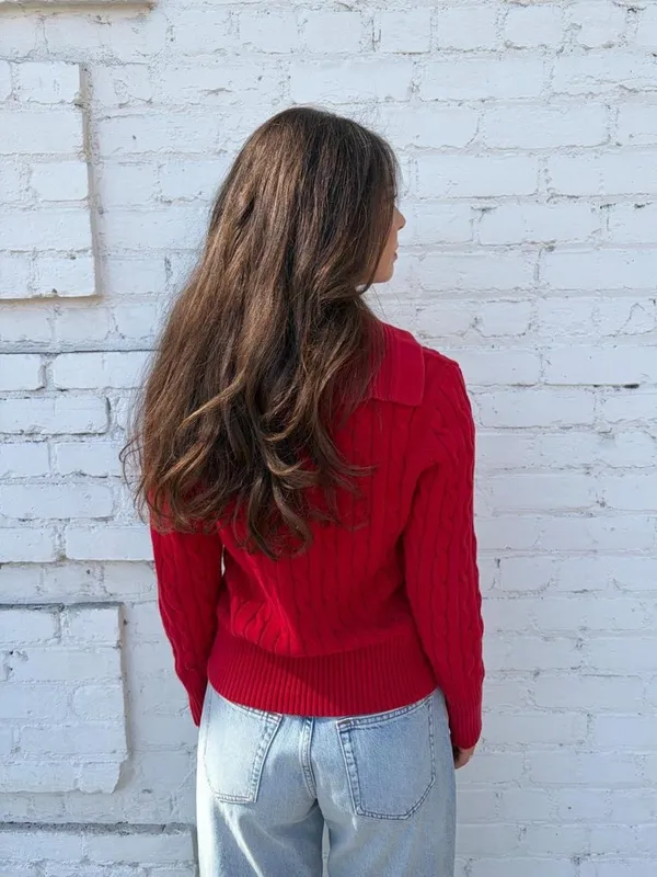Vtg y2k Red cable knit sweater with button up collar #cableknit #preppy #90s #autumn - Image 3