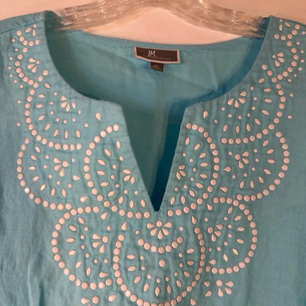 JM Collection Blue 100% Linen Beaded Embroidery Tunic Top XL 3/4 Sleeve Boho - Image 5