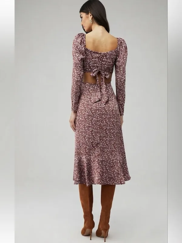 ASTR The Label Lainie Dress Floral Cutout Midi Sz S Puff Sleeve Lavender Brown - Image 2