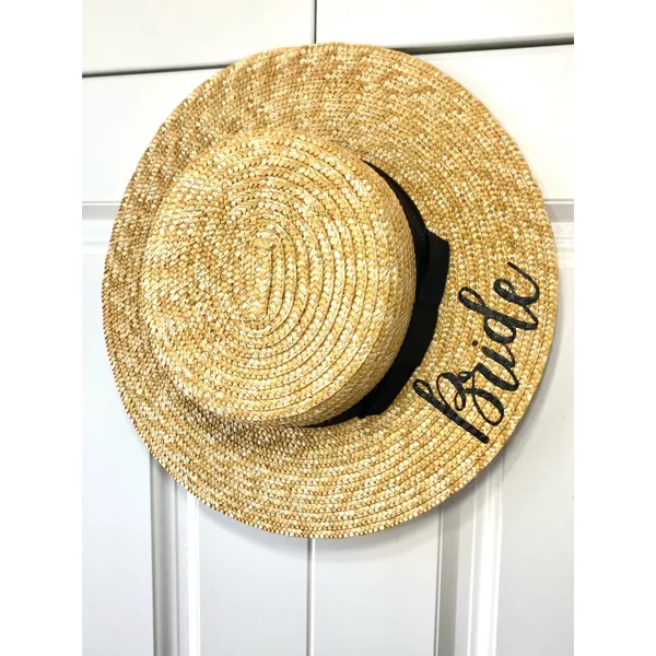Bride Custom Wicker Straw Hat w/ Black Bow Hand Painted Vynl - Image 2
