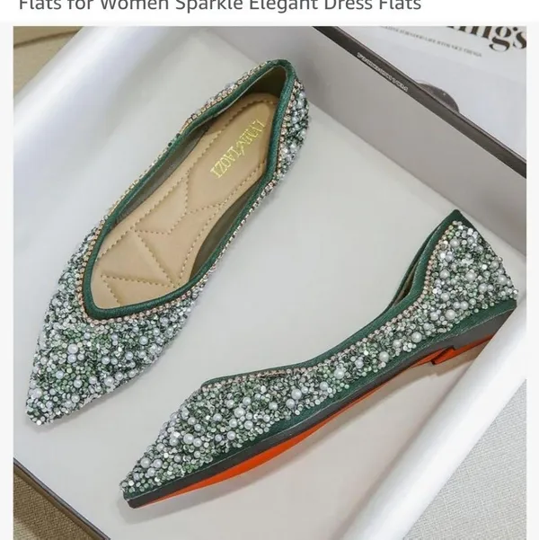Rhinestone Pointed ballet flats size 10 women's stunning shoes green gol… - Image 3