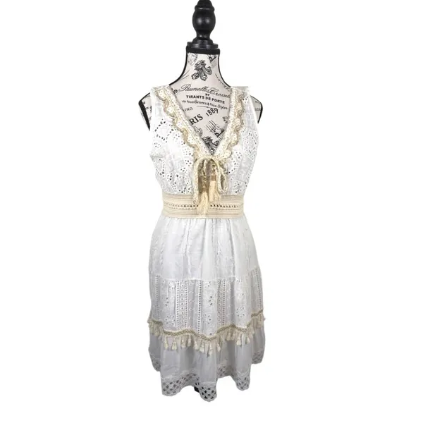 White Eyelet Lace Midi Dress S Boho Crochet Tie Front Made in Italy ART 6163 - Image 2