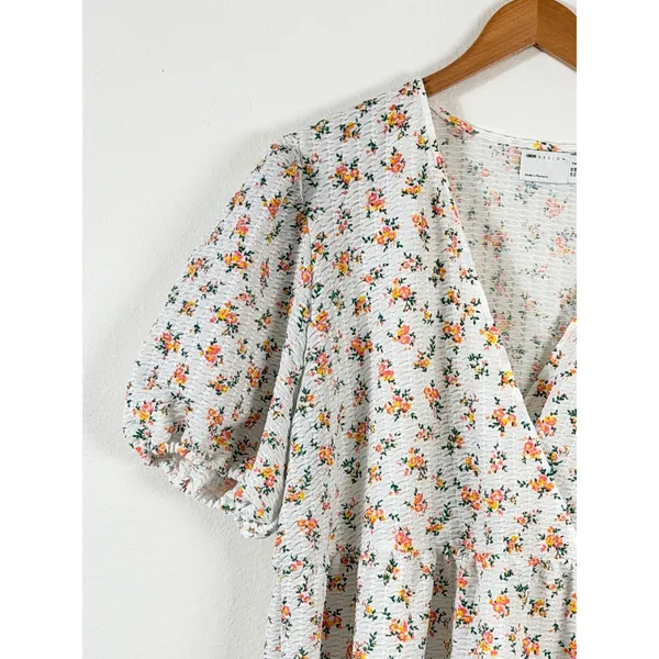 ASOS Dress Sz 16 Floral Smocked‎ Babydoll Crepe Puff Sleeve Tiered Boho - Image 6