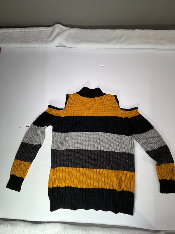 QED London Black, Gray & Mustard Striped Cold-Shoulder Turtleneck Sweater - Image 6