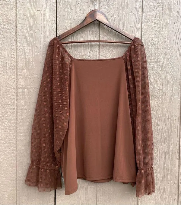 Cato Womens Shirt Blouse Brown Floral Mesh Long Sleeve V Neck Plus Size 22/24 - Image 3