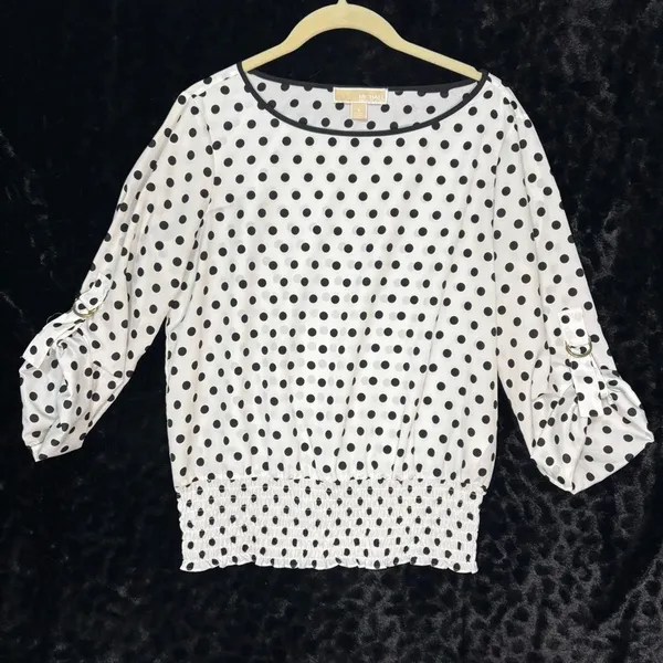 Michael Kors Blouse White Black Polka Dot Smocked Waist Roll Tab Sleeve Office S - Image 2