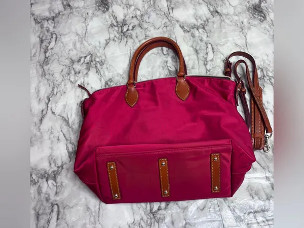 Dooney & Bourke Red Tote bag purse Brown Leather Trim Strap Classic - Image 5