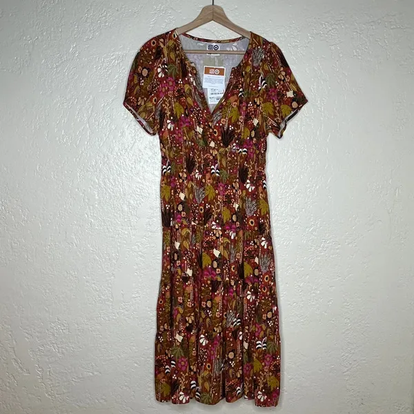 Target Latino Heritage Midi Dress Tropical‎ Resort V-Neck Women Brown Small NWT - Image 2