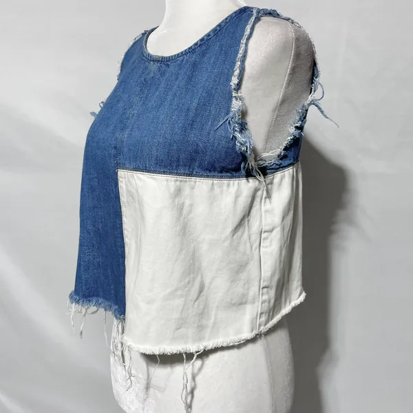 ZARA Patchwork 2-Tone Denim Raw Hem Tank Top Blue White Size Small 5575/012/400 - Image 10