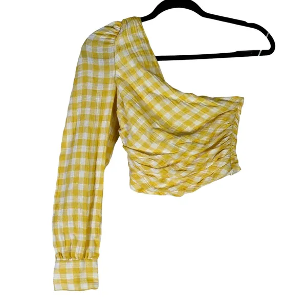 Zara One Shoulder Gingham Ruched Crop Top Pastel Yellow Size XS‎ - Image 2