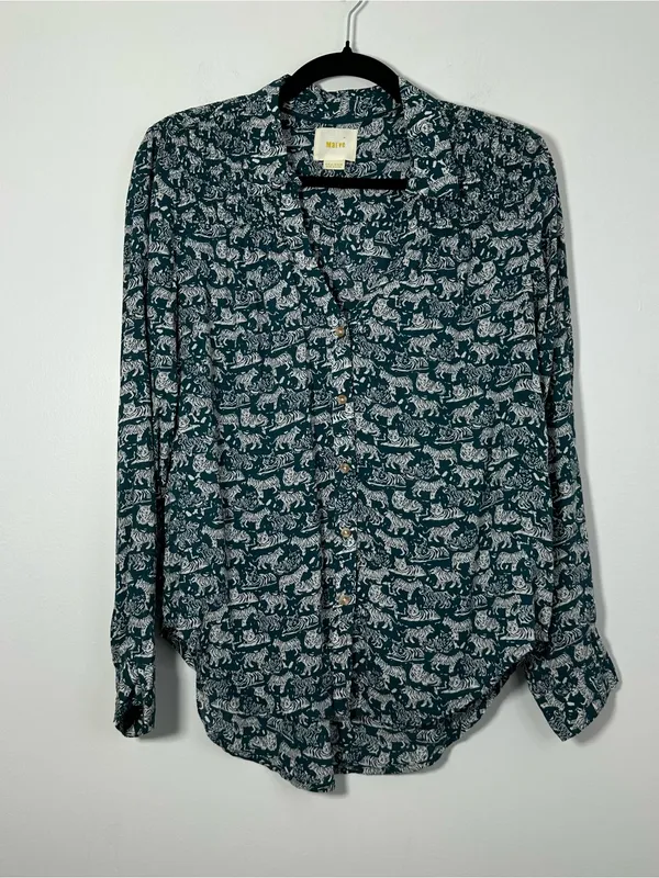 Anthropologie Maeve Tiger Animal Print Button V-Neck Woven Rayon Blouse Size 6 - Image 2