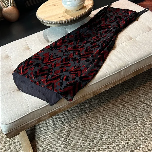 Silk Road 100% Silk Maroon Velvet Black Sheer Floral Double Layered Maxi Dress - Image 2