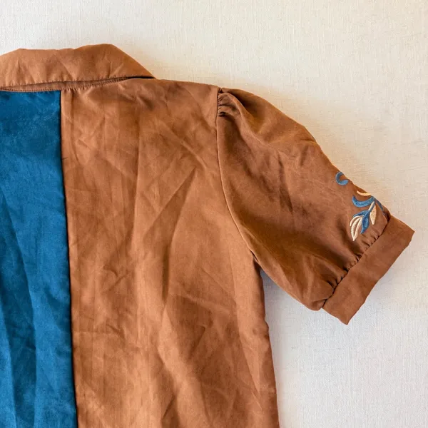 Embroidered Western Blouse Small Brown Teal Puff Sleeve Boho Cowgirl Shirt - Image 9