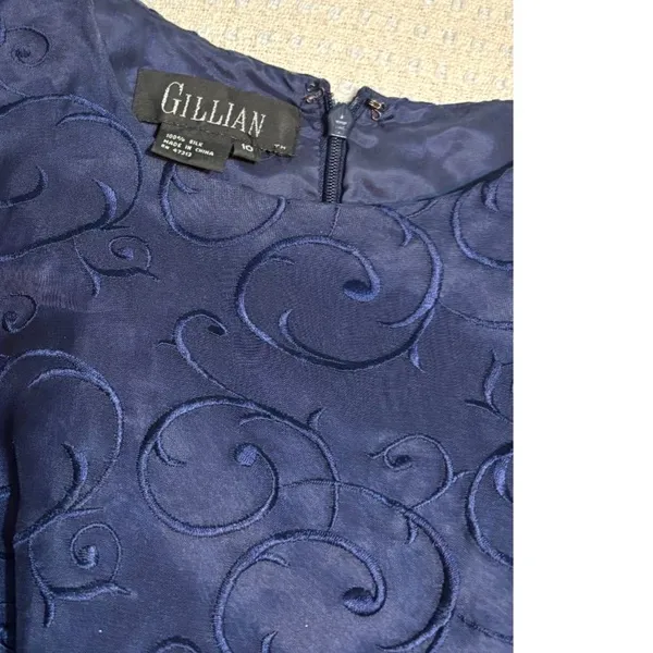 Vintage Gillian 100% Silk Dress Size 10 – Navy Embroidered - Image 3