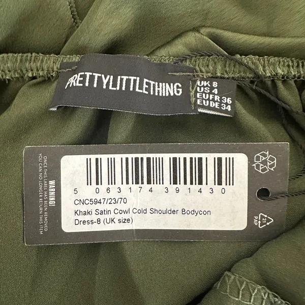 New PRETTYLITTLETHING Khaki Satin Cowl Cold Shoulder Bodycon MiniDress‎ Green 4 - Image 10