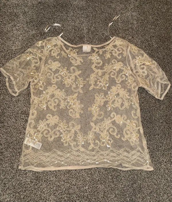 Forever 21 Exclusive Floral Embroidered Sequin Mesh Sheer Short Sleeve Top - Image 3