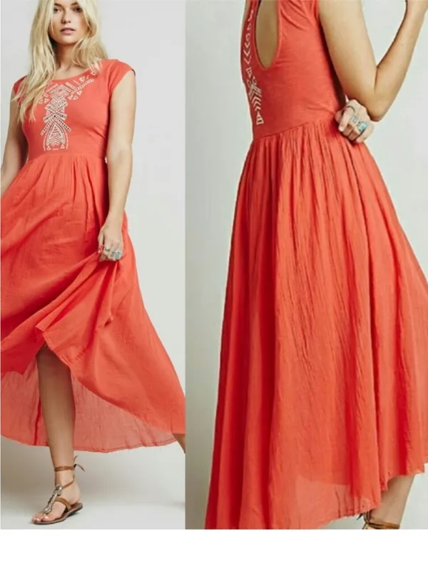 Free People cotton boho Meadows Toosaloosa Slub gauzy embroidered dress coral SZ - Image 11