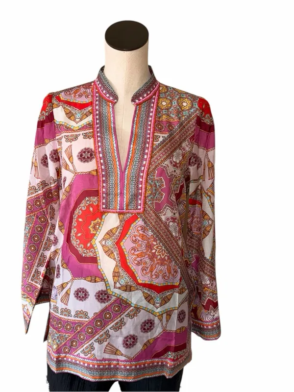 NWT HALE BOB Joanna Voile Fuchsia Beaded Long Flared Sleeve Tunic Top Silk Blend - Image 6