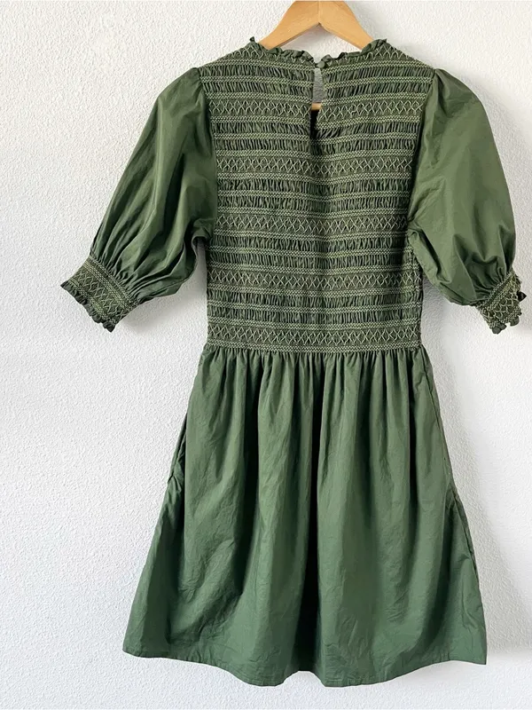 Hill House Home Ellie Nap Olive Green Smocked Puff Sleeve Mini Dress - Image 7