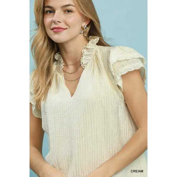 Umgee Lace Trim Ruffle‎ Top - Cream - Small - Image 5