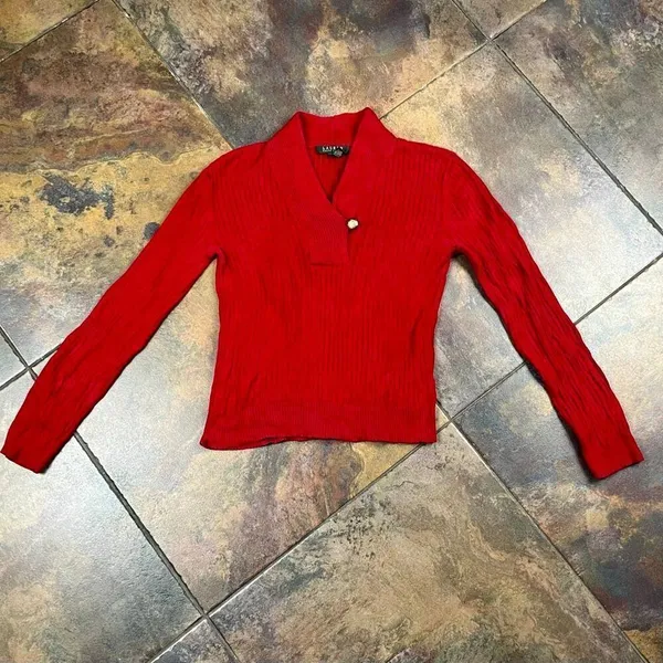 Lauren Ralph Lauren Red Ribbed Sweater Shawl Collar Gold Button Medium - Image 5