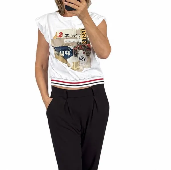 Micas White Sleeveless Graphic Cotton Top XS Striped Ribbed Hem - Image 7