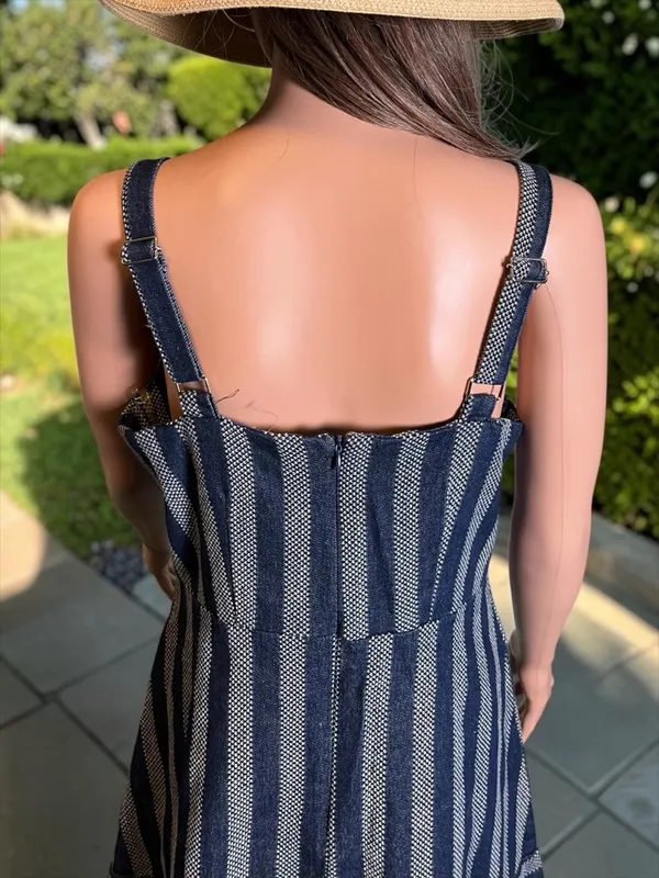 Umgee NWT Denim Stripe Mini Dress L Frayed Hem Boho Summer Adjustable Straps - Image 5