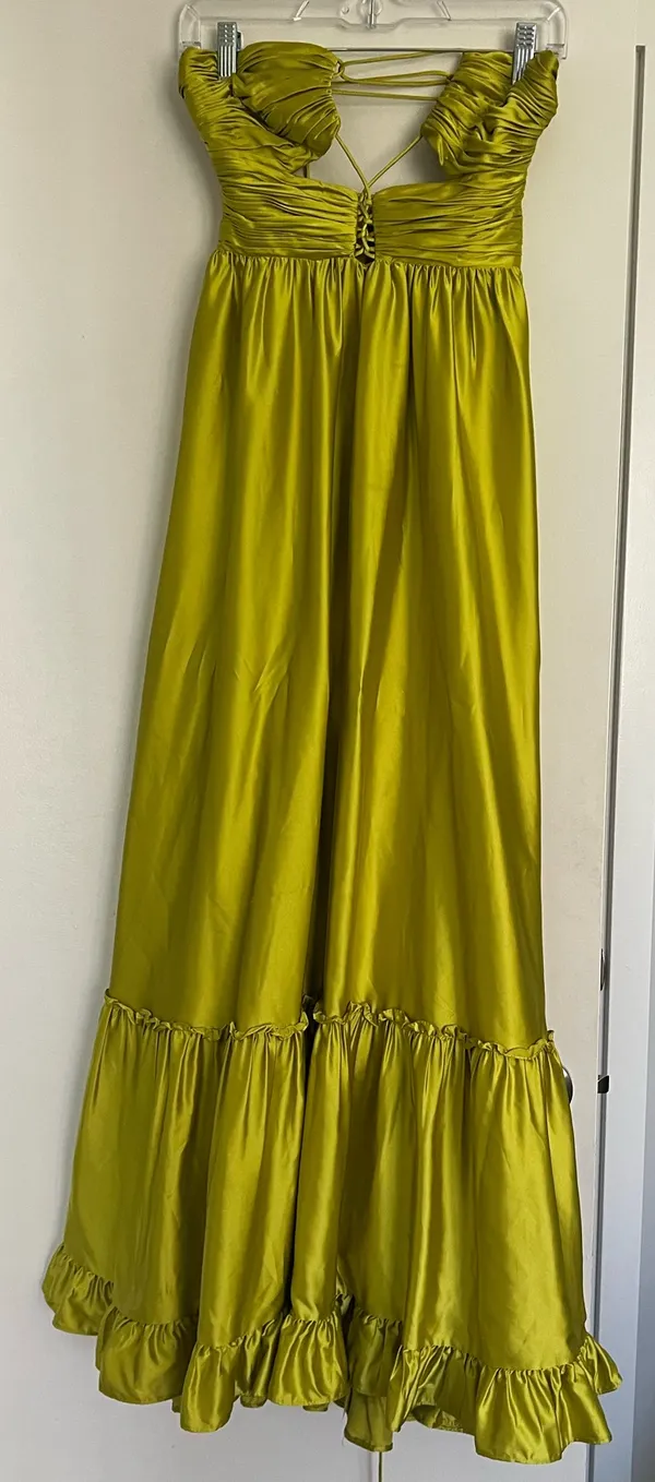 Mac Duggal Gown 68486 Women’s Green Ruched Tiered Criss-Cross Spaghetti Strap - Image 3