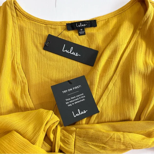 NWT Lulus Harbor Point Mustard Yellow Flutter-Sleeve‎ Mini Wrap Dress MEDIUM - Image 9