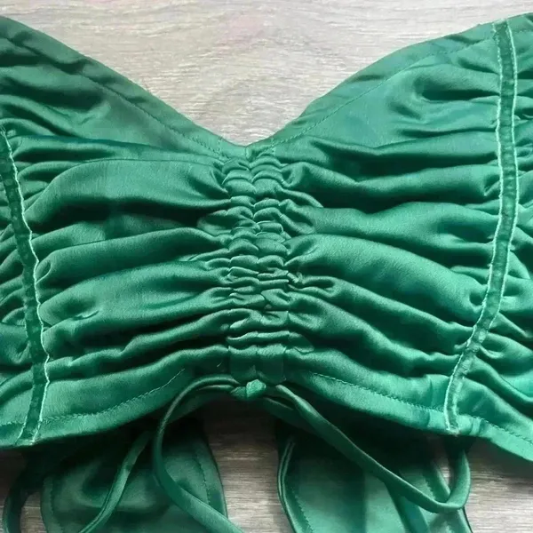 Urban Outfitters Green Satin Long Puff Sleeve Tie Back Crop Festival Top Size M - Image 3