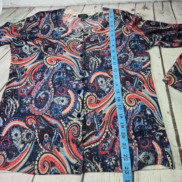 Talbots Pure Merino Wool Paisley‎ Cardigan Sweater Navy Red Blue Womens Medium - Image 6