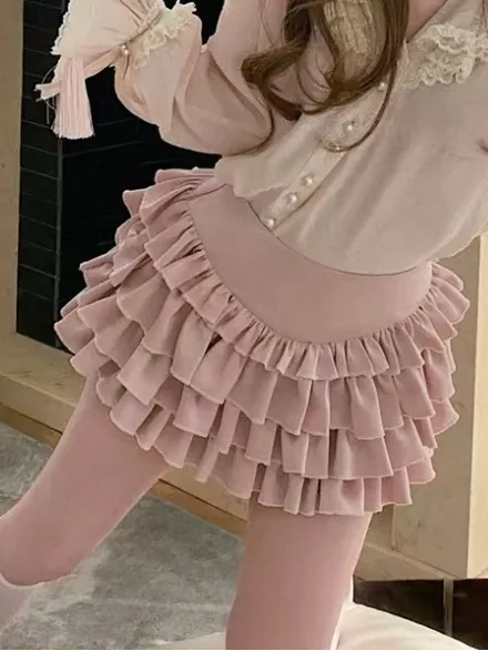 Japanese Kawaii Y2K Cottagecore Silky Dusty Pink Layered Ruffle Mini Skirt Skort - Image 2