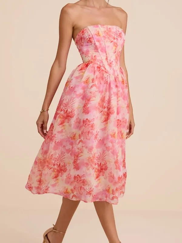 Lulus Eulalia Pink Floral Lace-Up Strapless Bustier Midi Dress - Image 3