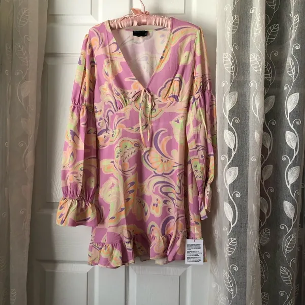 New without tag ASOS elasticated sleeve tie neck mini dress in pink floral print - Image 2