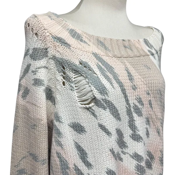 Umgee Distressed Sweater Cream Gray Tan Pink Medium - Image 9