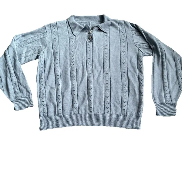 Women's Blue Long Sleeve Knit Eyelet Collared Sweater‎ Preppy Classy Size Med. - Image 2