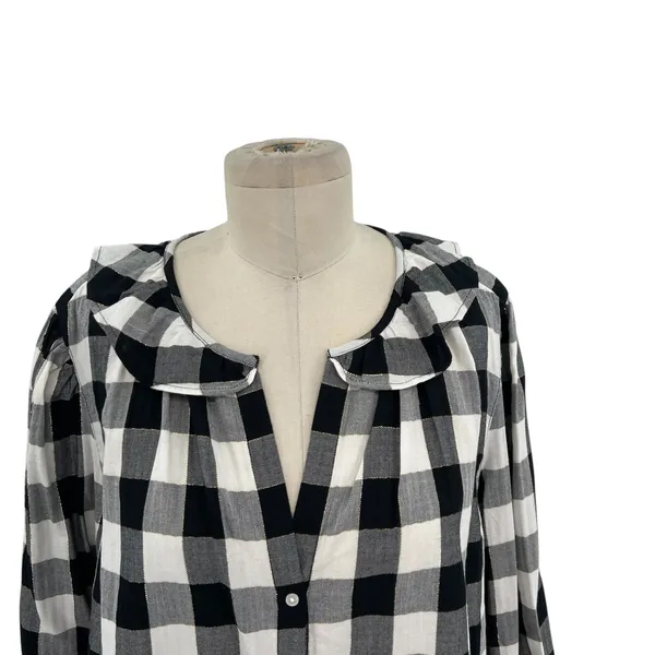 J. Crew Open Ruffle V-neck Button-up Shirt Gingham Plaid Check Black White‎ XL - Image 2