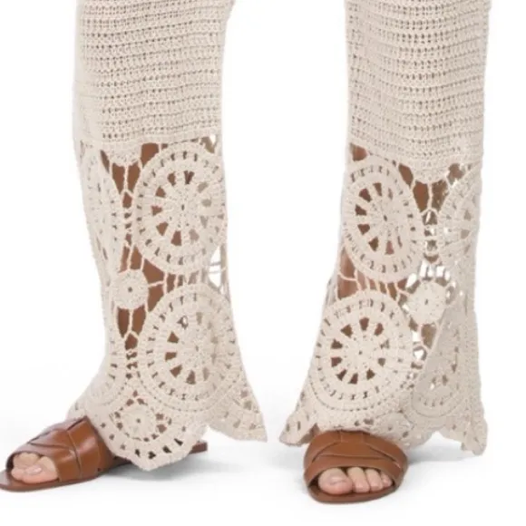 Solitaire X Anthropologie Crochet Wide Leg Pants Cream Ivory Boho Bohemian - Image 8