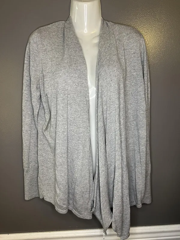 Abercrombie & Fitch Cardigan Sweater Womens Medium Gray Drape Front Zip Asym Hem - Image 6