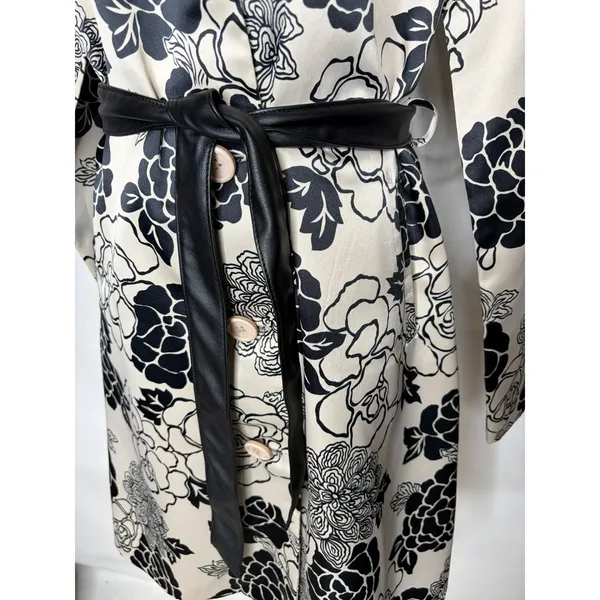 Just In Time Floral Trench Coat Cream Black Satin Duster Leather Belt Med - Image 6