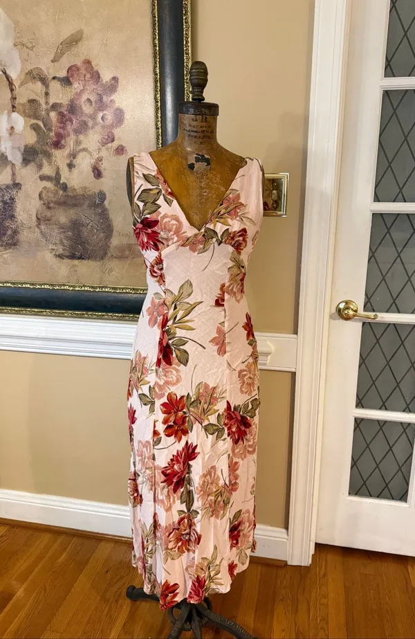 Anthropologie Paper Heart Maxi Dress Womens XS Rose Floral Linen Blend V Neck Flattering - Image 2