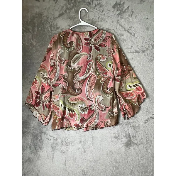 Vintage Y2K Pink Brown Paisley Bell Sleeve Babydoll Blouse Boho Fairy Grunge L - Image 3