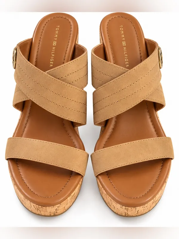 Tommy Hilfiger Tan Cork Wedge Sandals Gold Logo Size 10M - Image 2