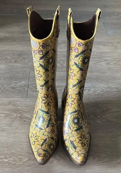 Cowboy Rain Boots - Yellow and Purple Heeled Boots with Intricate Patterns - Image 2
